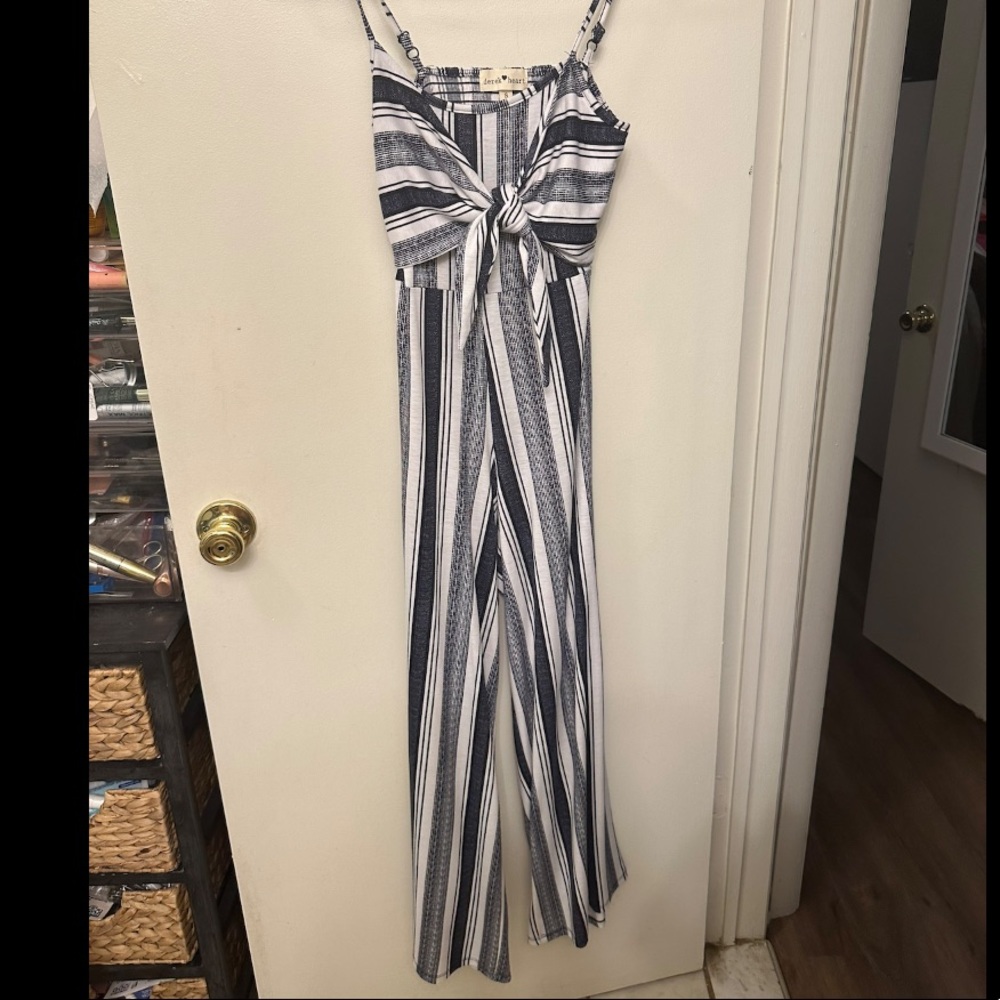 Blue/white front tie jumpsuit. Size small